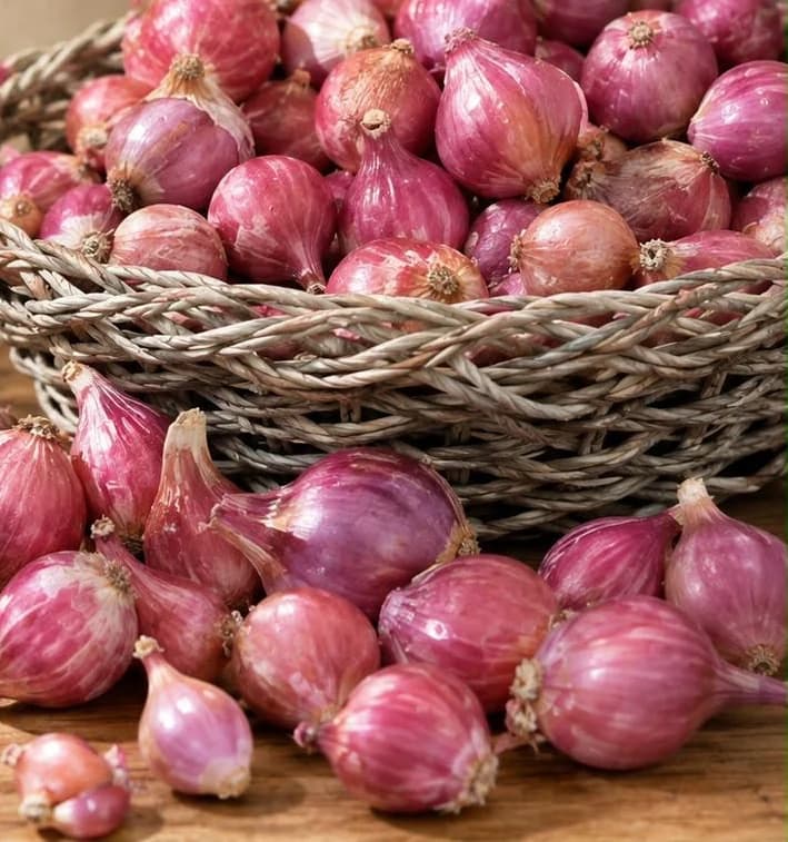 Bawang merah hasil panen Desa Taruman menumpuk dalam keranjang anyaman di atas meja kayu.