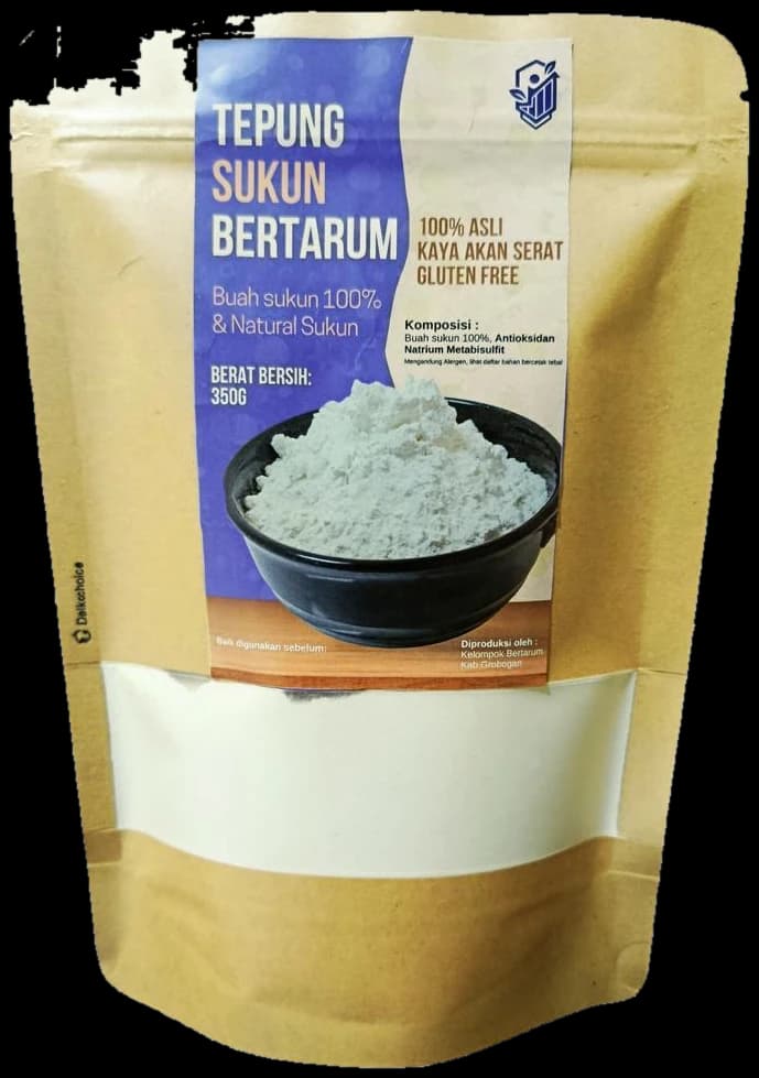 Kemasan pouch kraft Tepung Sukun BERTARUM dengan label ungu dan foto tepung sukun dalam mangkuk hitam.